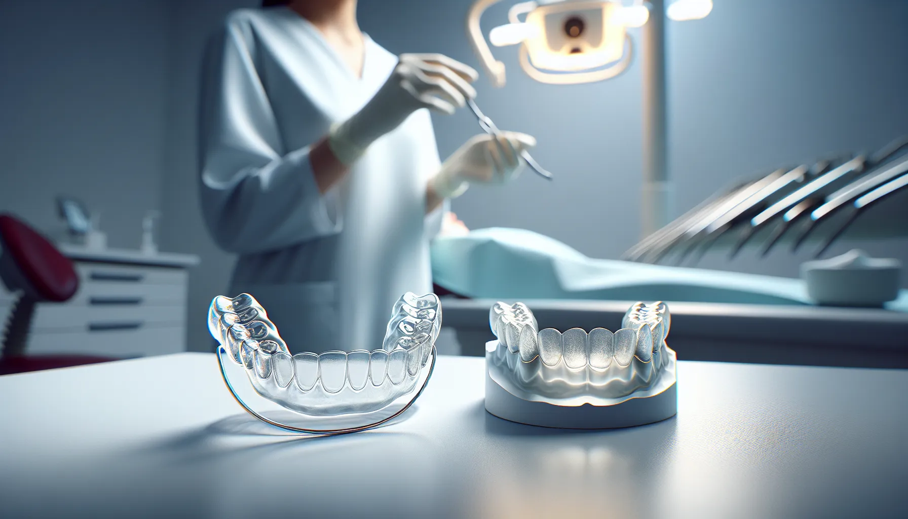 Two dental retainers displayed in a modern dental clinic setting.
