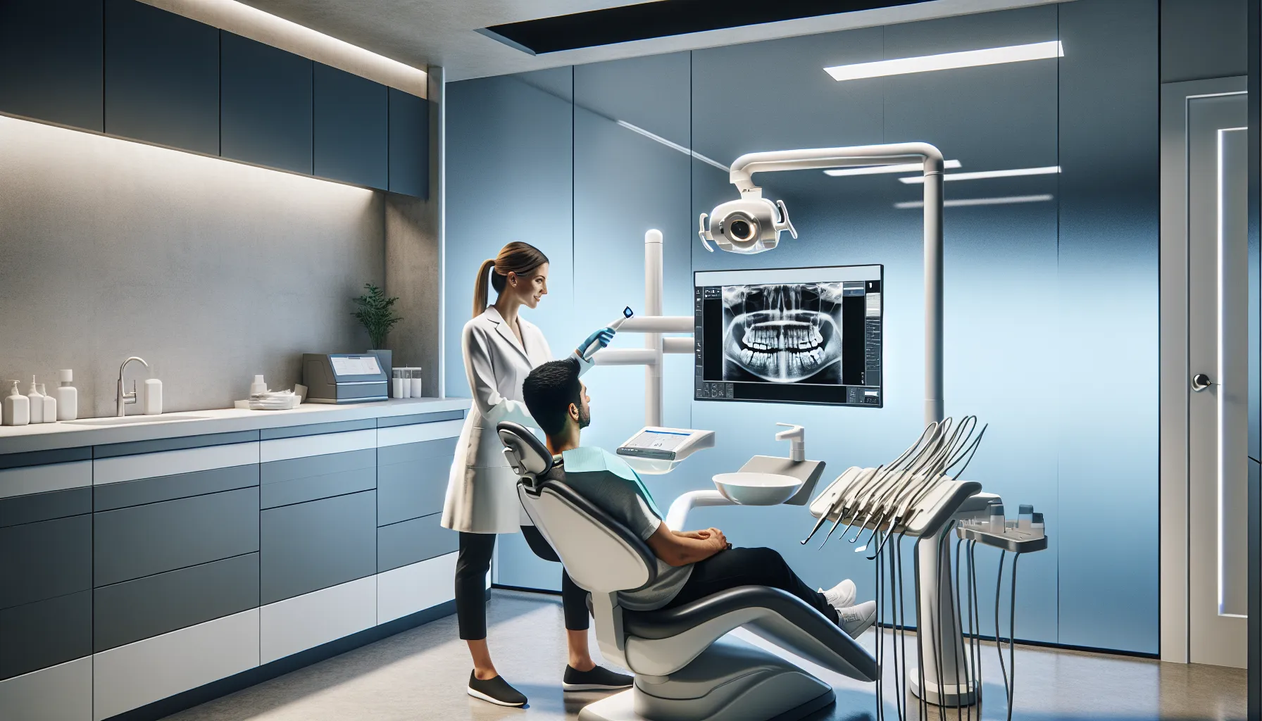 Dentist using digital diagnostic technology during a routine dental examination in modern clinic.