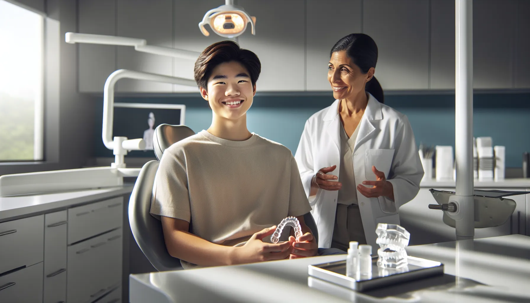 Patient holding clear retainer with dentist in modern Canadian dental clinic.