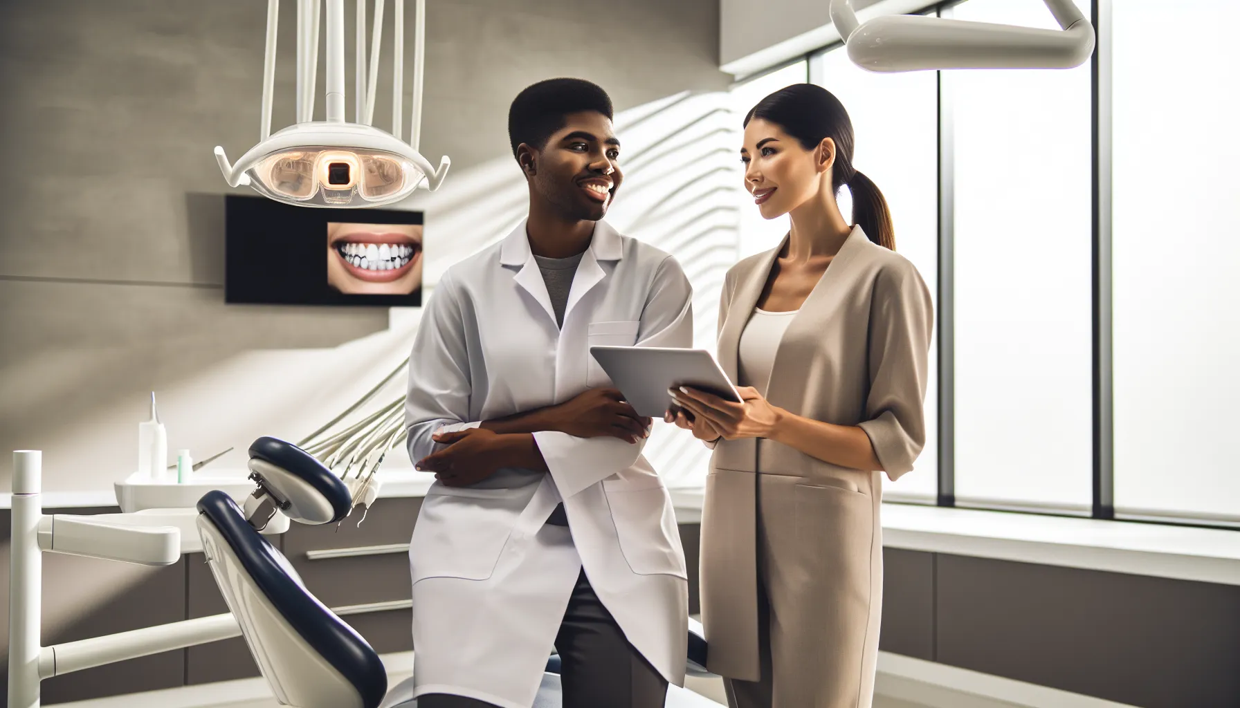 Prosthodontist consulting with smiling patient in modern Canadian dental clinic.