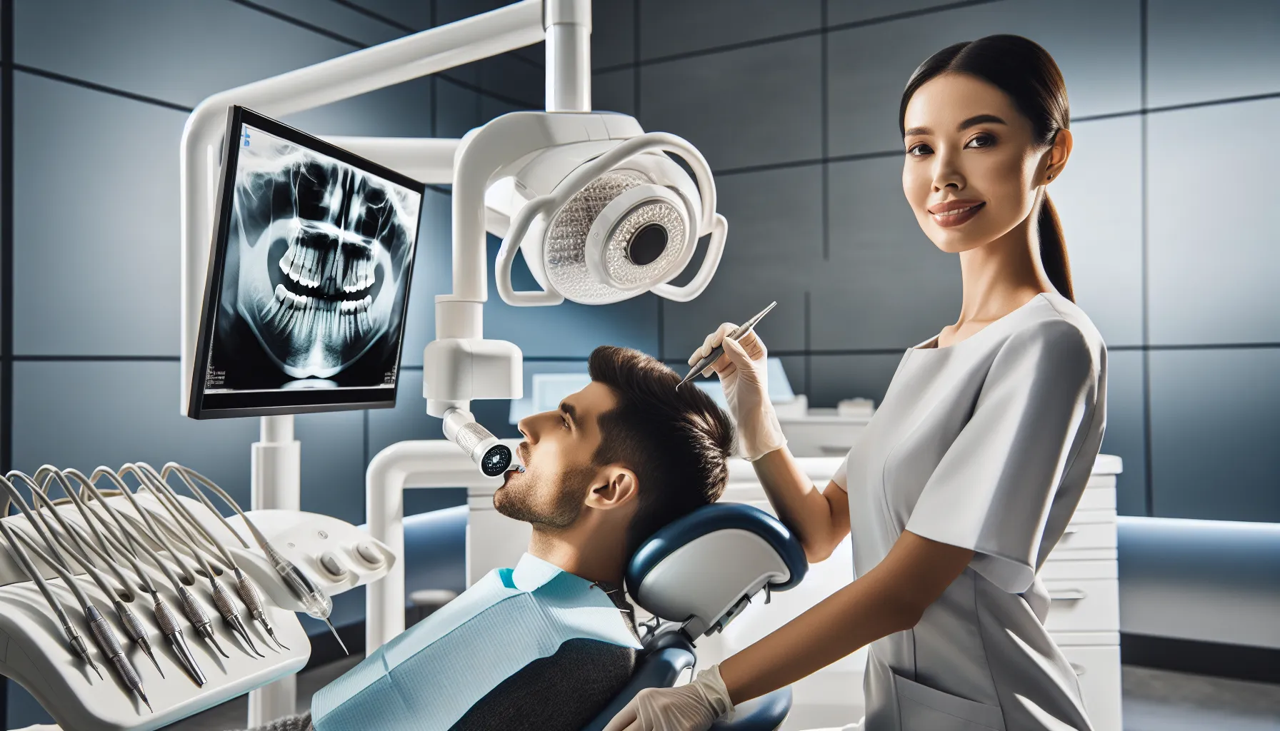 Dental professional using digital X-ray sensor with patient in modern clinic.