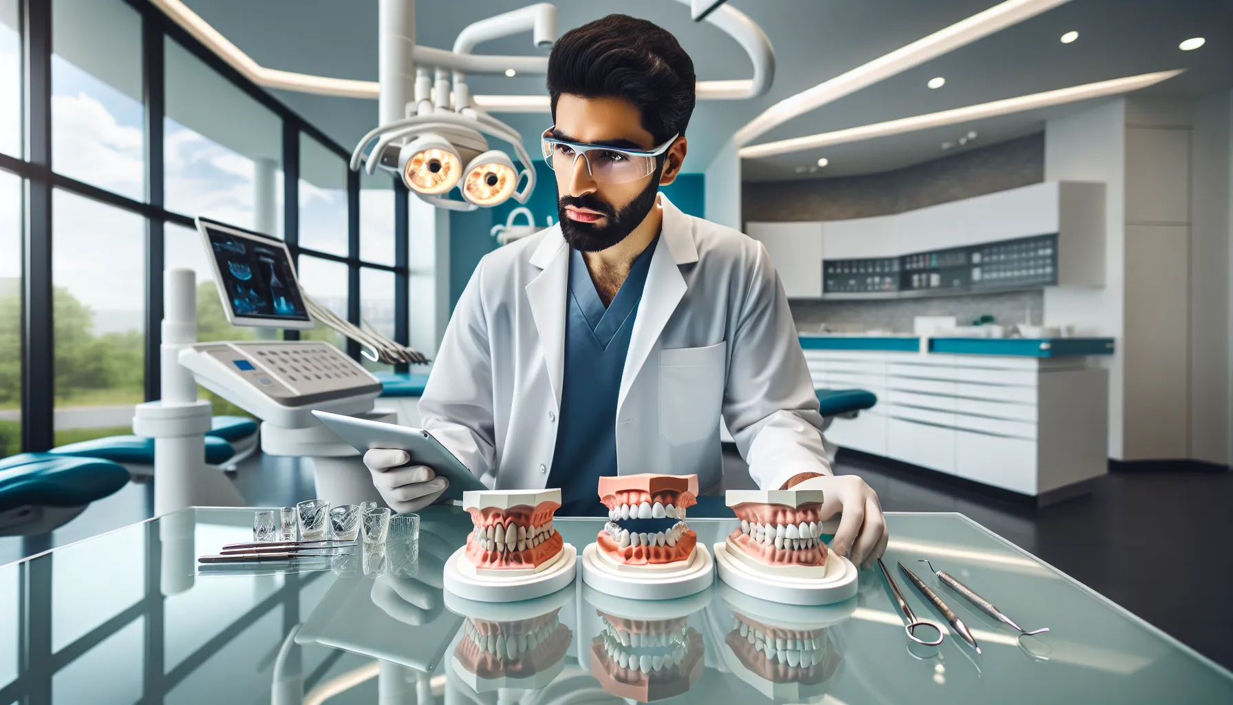 Prosthodontist examining dental models in a modern Canadian clinic.
