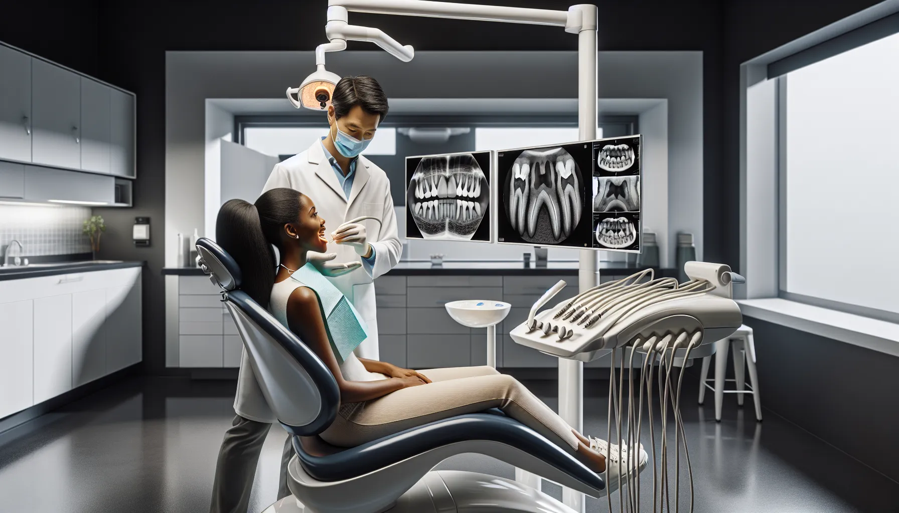 Dental professional positioning digital X-ray sensor in patient's mouth in modern clinic.